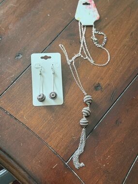 Silver Beaded Tassel Necklace with Matching Drop Earrings - Silver